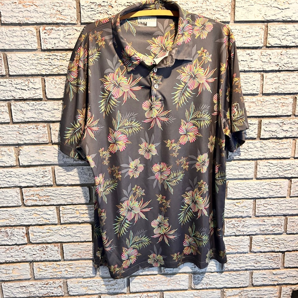 PGA Tour Pro Series Mens XL Athletic Fit Tropical Hibiscus Golf Polo Shirt Grey